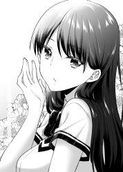 Rule 34 | 1girl, bow, breasts, collared shirt, dress shirt, floral background, from side, gradient background, grey background, greyscale, hand up, highres, ice cream kanojo, kawai miruku, kuune rin, long hair, looking at viewer, looking to the side, medium breasts, monochrome, parted lips, school uniform, shirt, short sleeves, solo, upper body, white background