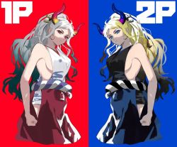 Rule 34 | 2girls, akmn, alternate color, alternate hair color, arm at side, bad id, bad pixiv id, bare arms, bare shoulders, blonde hair, blue eyes, blue horns, breasts, brown hair, clenched hand, closed mouth, cropped legs, curled horns, dual persona, earrings, green hair, grey hair, hair ornament, hair stick, hakama, high ponytail, highres, hip vent, horns, japanese clothes, jewelry, kimono, large breasts, long hair, looking at viewer, multicolored hair, multicolored horns, multiple girls, one piece, oni, purple horns, red eyes, red horns, rope, serious, shimenawa, sideboob, sleeveless, sleeveless kimono, very long hair, yamato (one piece), yellow horns