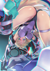 Rule 34 | 1girl, anaglyph, angela balzac, ass, bare shoulders, blonde hair, blue eyes, bodysuit, breasts, covered navel, elbow gloves, gloves, headgear, jpeg artifacts, large breasts, leotard, long hair, looking at viewer, low twintails, matsuryuu, rakuen tsuihou, solo, spread legs, thigh strap, top-down bottom-up, twintails, very long hair