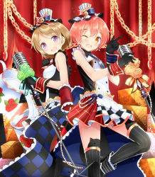 Rule 34 | 10s, 2girls, :d, ;d, azure (capriccio), bare shoulders, beads, black gloves, black legwear, blush, brown hair, cafe maid (love live!), chain, checkered clothes, checkered skirt, flower, gloves, hat, hoshizora rin, koizumi hanayo, looking at viewer, love live!, love live! school idol festival, love live! school idol project, microphone, microphone stand, multiple girls, musical note, necktie, one eye closed, open mouth, orange hair, pinstripe pattern, purple eyes, rose, short hair, skirt, smile, striped, thighhighs, treble clef, yellow eyes