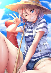 Rule 34 | 1girl, artist name, artist request, bare legs, blue eyes, blue pants, blue shorts, blush, brown hat, cloud, female focus, grey hair, hat, highres, kanabun, light brown hair, looking at viewer, love live!, love live! school idol festival, love live! sunshine!!, one eye closed, outdoors, pants, parted lips, peace, shirt, short hair, short shorts, shorts, sky, smile, solo, straw hat, striped clothes, striped shirt, teeth, vest, watanabe you