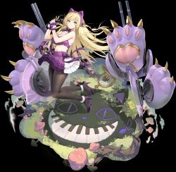 Rule 34 | 1girl, absurdres, alice in wonderland, animal ears, arm warmers, azur lane, bare shoulders, bell, black pantyhose, blonde hair, blue eyes, bow, bowtie, braid, breasts, byulzzi, cat ears, cat tail, clock, confetti, crop top, fake animal ears, full body, hair ribbon, high heels, highres, holding, holding microphone, jingle bell, kongou (azur lane), kongou (muse) (azur lane), large breasts, layered skirt, long hair, looking at viewer, microphone, mushroom, navel, non-web source, official art, pantyhose, pleated skirt, pom pom (clothes), purple bow, purple bowtie, purple footwear, purple skirt, ribbon, rigging, skirt, smile, solo, tail, transparent background, white skirt