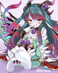 Rule 34 | 1girl, ahoge, aqua hair, bad id, bad pixiv id, blue flower, blue rose, blush, breasts, cleavage, collar, colored skin, detached sleeves, dragon girl, dragon horns, dragon tail, dragon wings, feet, finger to mouth, flower, fur trim, grey skin, horns, licking lips, linthia (p&amp;d), long hair, looking at viewer, mashiro miru, monster girl, multicolored hair, puzzle &amp; dragons, red hair, rose, sitting, smile, solo, swept bangs, tail, thighlet, tongue, tongue out, twitter username, two-tone hair, vambraces, wings, yellow eyes