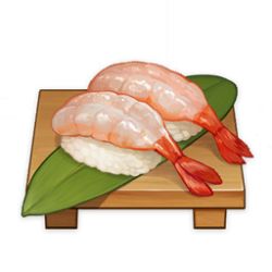 Rule 34 | artist request, commentary, cutting board, english commentary, fish (food), food, food focus, game cg, genshin impact, leaf, lowres, nigirizushi, no humans, official art, rice, shrimp, simple background, still life, sushi, sushi geta, third-party source, transparent background