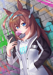 Rule 34 | 1girl, absurdres, against wall, ahoge, animal ears, blue eyes, blush, breasts, brick wall, brown hair, blowing bubbles, cellphone, chewing gum, closed mouth, graffiti, hairband, hand in pocket, hand up, highres, holding, holding phone, hood, hood down, hoodie, horse ears, jacket, long hair, long sleeves, mihono bourbon (umamusume), open clothes, open jacket, phone, shinori (efvbji6264), small breasts, smartphone, solo, standing, umamusume, upper body, white hoodie