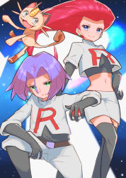 Rule 34 | 1boy, 1girl, black footwear, blue eyes, boots, breasts, closed mouth, commentary request, creatures (company), crop top, earrings, eyelashes, game freak, gen 1 pokemon, green eyes, hair slicked back, highres, holding, holding poke ball, james (pokemon), jessie (pokemon), jewelry, long hair, looking at viewer, meowth, nintendo, nuneno, parted lips, poke ball, poke ball (basic), pokemon, pokemon (anime), pokemon (creature), purple hair, red hair, smile, team rocket, teeth, thigh boots, thighhighs