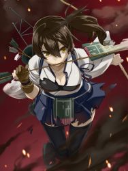 Rule 34 | 10s, 1girl, aircraft carrier, arrow (projectile), black thighhighs, blush, bow (weapon), breasts, brown eyes, brown hair, cleavage, damaged, fire, hair between eyes, hakama, hakama short skirt, hakama skirt, japanese clothes, kaga (kancolle), kantai collection, maou, military, military vehicle, mouth hold, muneate, personification, sengoku aky, ship, short hair, side ponytail, skirt, smoke, solo, thighhighs, torn clothes, warship, watercraft, weapon