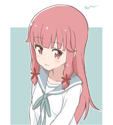 Rule 34 | 1girl, aayh, blue background, blue ribbon, blush, closed mouth, commentary request, flower, grey sailor collar, hair flower, hair ornament, koisuru asteroid, long hair, neck ribbon, outline, red eyes, red flower, red hair, ribbon, sailor collar, sakurai chikage, school uniform, serafuku, shirt, sidelocks, smile, solo, two-tone background, very long hair, white background, white outline, white shirt