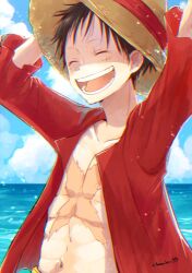Rule 34 | 1boy, ^ ^, arms up, black hair, closed eyes, commentary, hat, highres, male focus, monkey d. luffy, nekochanko1, ocean, one piece, open clothes, open mouth, open shirt, red shirt, scar, scar on chest, scar on face, shirt, short hair, signature, sky, smile, solo, straw hat