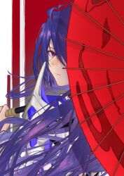 Rule 34 | 1girl, acheron (honkai: star rail), ahoge, armor, coat, commentary, fen sui, from behind, hair over one eye, holding, holding umbrella, honkai: star rail, honkai (series), long hair, looking at viewer, oil-paper umbrella, purple eyes, purple hair, red background, shoulder armor, solo, umbrella, upper body, white background, white coat