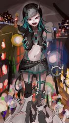Rule 34 | 1girl, nanashi inc., asymmetrical legwear, black gloves, black hair, black jacket, black legwear, black skirt, blue hair, building, chest belt, city lights, colored inner hair, commentary request, cookie (touhou), detached sleeves, full body, garter straps, gloves, hakurei reimu, highres, horns, jacket, johnnyyyyy, leg grab, long hair, long sleeves, looking at viewer, miniskirt, mismatched legwear, multicolored hair, navel, open clothes, open jacket, open mouth, out of frame, red eyes, shishio chris, skirt, solo focus, statue, sugar lyric, tail, touhou, two-tone hair, virtual youtuber, yuyusu (cookie)