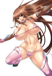 Rule 34 | 00s, 1girl, :d, abs, aoi nagisa (metalder), armor, armpits, bare shoulders, bikini, blue eyes, boots, bouncing breasts, bow, breasts, breasts apart, brown hair, choker, collarbone, covered erect nipples, curvy, elbow gloves, facing viewer, female focus, fishnet gloves, fishnets, floating hair, gloves, groin, happy, highres, hime cut, hip focus, impossible clothes, koukawa asuka, large breasts, leg lift, legs apart, lilith-soft, long hair, looking at viewer, micro bikini, navel, official art, open mouth, outstretched arms, pink bikini, pink bow, pink footwear, pink gloves, sagging breasts, shiny skin, side-tie bikini bottom, sideboob, sidelocks, simple background, skindentation, smile, solo, spread arms, strap gap, string bikini, swimsuit, taimanin (series), taimanin asagi 3, taimanin asagi kessen arena, thigh boots, thighhighs, thighs, thong, toned, underboob, vambraces, very long hair, white background