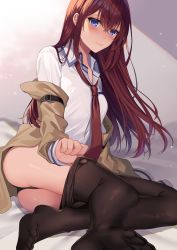 Rule 34 | 1girl, black panties, black pantyhose, blue eyes, blush, brown coat, brown hair, closed mouth, clothes pull, coat, collared shirt, hair between eyes, highres, hizuki higure, long hair, long sleeves, makise kurisu, open clothes, open coat, panties, pantyhose, pantyhose pull, pulling own clothes, shirt, sitting, solo, steins;gate, straight hair, underwear, very long hair, white shirt, wing collar