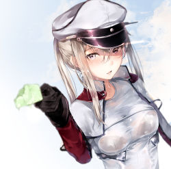 Rule 34 | 10s, 1girl, :d, absurdres, bad id, bad pixiv id, bird, black bra, black gloves, blonde hair, blush, bra, breasts, capelet, cloud, cloudy sky, commentary, day, flock, food, giving, gloves, graf zeppelin (kancolle), grey eyes, hair between eyes, hat, high collar, highres, holding, holding food, hplay, impossible clothes, jacket, kantai collection, lace, lace-trimmed bra, lace trim, long hair, long sleeves, looking at viewer, medium breasts, open mouth, outdoors, outstretched arm, peaked cap, popsicle, reaching, reaching towards viewer, revision, see-through, sidelocks, sky, smile, solo, taut clothes, tsurime, twintails, underwear, upper body, wet, wet clothes, wet hair, white jacket