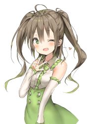 Rule 34 | 1girl, ;d, ahoge, blush, brown hair, center frills, collared shirt, commentary request, detached sleeves, frilled shirt collar, frilled sleeves, frills, gradient hair, green eyes, green hair, green skirt, hair between eyes, hand up, heart, high-waist skirt, hinako (anzu15), long hair, long sleeves, looking at viewer, multicolored hair, one eye closed, open mouth, original, shirt, sidelocks, simple background, skirt, sleeves past wrists, smile, solo, twintails, upper body, v, very long hair, white background, white shirt