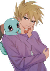 Rule 34 | 1boy, absurdres, blonde hair, blue oak, brown eyes, commentary request, creatures (company), game freak, gen 1 pokemon, hand up, head tilt, highres, jewelry, long sleeves, male focus, necklace, neptune (mhrc2784), nintendo, on shoulder, parted lips, pokemon, pokemon (creature), pokemon on shoulder, pokemon rgby, purple shirt, shirt, short hair, spiked hair, squirtle, upper body, white background