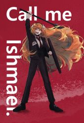 Rule 34 | 1girl, black jacket, black pants, black vest, collared shirt, commentary request, english text, full body, green eyes, hair ribbon, holding, holding shield, ishmael (project moon), jacket, korean commentary, limbus company, long hair, long sleeves, necktie, open clothes, open jacket, open mouth, orange hair, pants, project moon, red necktie, ribbon, shield, shirt, solo, standing, very long hair, vest, vvindyday, white ribbon, white shirt