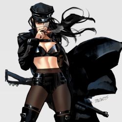 Rule 34 | 1girl, black footwear, black hair, black pantyhose, black shorts, boots, breasts, cigar, cleavage, commentary, covered navel, cowboy shot, dcwj, english commentary, eyepatch, gun, hat, highres, holding, holding gun, holding weapon, jacket, large breasts, leather, leather jacket, long coat, long hair, midriff, navel, one-eyed, open clothes, open jacket, pantyhose, riot reiko, shiny clothes, shorts, shotgun, smoke, smoking, solo, thigh boots, thigh strap, thighhighs, tokyo rogue, weapon, wind, wind lift