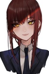 Rule 34 | 1girl, black necktie, black suit, blush, brown hair, business suit, chainsaw man, collared shirt, expulse, formal, highres, light smile, long hair, looking at viewer, makima (chainsaw man), necktie, ringed eyes, shirt, smile, solo, suit, white background, yellow eyes