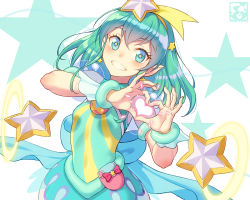 Rule 34 | 1girl, aqua eyes, aqua hair, bracelet, commentary request, cure milky, grin, hagoromo lala, hair between eyes, hair ornament, heart, heart hands, jewelry, long hair, looking at viewer, magical girl, pairan, pointy ears, precure, smile, solo, star-shaped pupils, star (symbol), star twinkle precure, symbol-shaped pupils