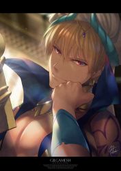 Rule 34 | 1boy, arabian clothes, backlighting, blonde hair, character name, closed mouth, english text, fate/grand order, fate (series), fukai ryosuke, gilgamesh, gilgamesh (caster) (fate), gilgamesh (fate), jewelry, letterboxed, looking at viewer, male focus, necklace, red eyes, shoulder tattoo, smile, tattoo, tsurime, upper body