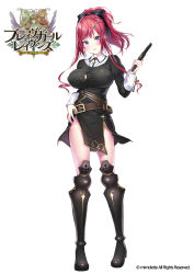 Rule 34 | 1girl, artist request, belt, blush, bow, bowtie, brave girl ravens, breasts, copyright name, covered erect nipples, cross, cross necklace, detached sleeves, earrings, full body, gun, hair ornament, hand on own hip, handgun, highres, holding, holding gun, holding weapon, jewelry, juliet sleeves, large breasts, logo, long sleeves, necklace, official art, parted lips, ponytail, puffy sleeves, purple eyes, red hair, simple background, solo, standing, weapon, white background