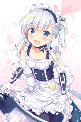 Rule 34 | 1girl, aged down, apron, azur lane, belfast (azur lane), blue eyes, blush, braid, breasts, choker, clothes lift, collarbone, dress, dress lift, french braid, frilled apron, frilled gloves, frills, gloves, highres, lifted by self, little bel (azur lane), long hair, looking at viewer, maid headdress, one side up, open mouth, petals, sidelocks, silver hair, small breasts, smile, solo, sparkle, tomoo (tomo), waist apron, white apron, white gloves