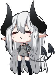 Rule 34 | 1girl, = =, bare shoulders, black choker, black panties, black thighhighs, bra strap, chibi, choker, closed eyes, demon tail, full body, grey sweater, hands on own hips, highres, huizhiyin, long sleeves, multiple tails, no pants, off-shoulder sweater, off shoulder, original, panties, pointy ears, silver hair, simple background, solo, standing, sweatdrop, sweater, tail, thighhighs, two tails, underwear, white background