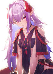 Rule 34 | 1girl, backlighting, bandeau, bare shoulders, belt, blue capelet, blue skirt, blue thighhighs, blush, breasts, capelet, choker, collarbone, dragon girl, dragon horns, dragon tail, duplicate, facial mark, highres, horns, ibuki notsu, light purple hair, long hair, looking at viewer, melusine (ibuki notsu), original, pixel-perfect duplicate, pointy ears, red eyes, rope, skirt, small breasts, smile, solo, strapless, tabard, tail, thighhighs, tube top