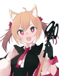 Rule 34 | 1girl, :d, ahoge, animal ears, arknights, black cape, black gloves, black shirt, bow, bright pupils, cape, collared shirt, fang, gloves, hair bow, highres, holding, holding microphone, long hair, looking at viewer, microphone, necktie, one-hour drawing challenge, open mouth, red bow, red eyes, red necktie, shirt, simple background, smile, solo, sora (arknights), tetuw, twintails, two-sided cape, two-sided fabric, undershirt, upper body, white background, white pupils, white shirt, wolf ears, wolf girl