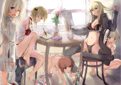 Rule 34 | 10s, 5girls, adapted costume, all fours, alternate costume, armadillo-tokage, ass, backlighting, bare legs, barefoot, bismarck (kancolle), black bra, black jacket, black legwear, black panties, black ribbon, blonde hair, blue eyes, blush, bra, breasts, brown eyes, brown hair, chair, cleavage, coffee mug, collarbone, cup, day, feet on chair, flower, frilled bra, frills, full body, fur, green panties, hair between eyes, hair ribbon, hand in own hair, holding, holding bra, holding clothes, holding underwear, indoors, jacket, jitome, kantai collection, kitchen, long hair, looking at viewer, medium breasts, midriff, mug, multiple girls, navel, newspaper, no headwear, one eye closed, open clothes, open jacket, open mouth, open shirt, panties, parted lips, pencil, pink panties, plant, prinz eugen (kancolle), profile, purple eyes, reading, red panties, ribbon, ro-500 (kancolle), shark, shawl, shirt, sitting, sleepy, slippers, spread legs, squatting, standing, stomach, strap gap, striped clothes, striped panties, sunlight, table, teacup, thighhighs, tile floor, tiles, toeless legwear, toes, topless, toy, tulip, twintails, u-511 (kancolle), under table, underwear, underwear only, unworn slippers, vase, white panties, writing, yawning, z1 leberecht maass (kancolle), z3 max schultz (kancolle)
