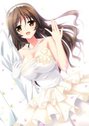 Rule 34 | 10s, 1girl, :d, ashigara (kancolle), bare shoulders, breasts, brown eyes, brown hair, dress, endori, hairband, jewelry, kantai collection, large breasts, long hair, necklace, open mouth, ring, smile, solo focus, wedding band, wedding dress, wedding ring