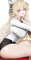 Rule 34 | 1girl, absurdres, alternate costume, black skirt, blonde hair, blue eyes, blush, bra visible through clothes, breasts, crown (nikke), diadem, from side, goddess of victory: nikke, highres, large breasts, long hair, long sleeves, looking at viewer, mochirong, open mouth, shirt, simple background, sitting, skin tight, skirt, smile, solo, thick thighs, thighs, too many drills, twisted hair, white background, white shirt