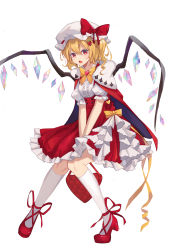 Rule 34 | 1girl, :o, absurdres, bag, blonde hair, bow, bowtie, breasts, chinese commentary, commentary, crystal, curly hair, fang, flandre scarlet, food-themed hair ornament, frilled hat, frilled skirt, frills, full body, hair between eyes, hair ornament, handbag, hat, hat bow, heart-shaped bag, highres, kneehighs, looking at viewer, mary janes, medium breasts, mob cap, one side up, open mouth, orange bow, own hands together, red bow, red eyes, red footwear, ringlets, shoes, simple background, skirt, socks, solo, standing, strawberry hair ornament, touhou, white background, white hat, white socks, wings, yongzhe mei hong