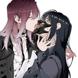 2girls black_hair hand_on_another&#039;s_neck highres licking long_hair maiqo multicolored_hair multiple_girls necktie path_to_nowhere rahu_(path_to_nowhere) red_hair shalom_(path_to_nowhere) tagme tongue tongue_out two-tone_hair white_eyes