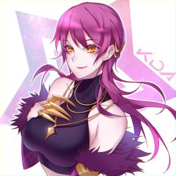 Rule 34 | 1girl, bare shoulders, breasts, doming, evelynn (league of legends), hair ornament, hand on own chest, highres, jewelry, k/da (league of legends), k/da evelynn, league of legends, lipstick, long hair, makeup, medium breasts, necklace, orange eyes, purple hair, smile, solo, upper body