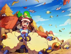 Rule 34 | 1girl, bird, blue eyes, blue sky, bright pupils, brown hair, cloud, commentary request, cottonee, creatures (company), double bun, doughnut hair bun, fence, floating, flying, game freak, gen 2 pokemon, gen 5 pokemon, hair bun, highres, korean commentary, long hair, mareep, nintendo, one eye closed, open mouth, pidove, pokemon, pokemon (creature), pokemon bw2, rosa (pokemon), selyg15, sheep, sky, smile, snivy, tail, teeth, upper teeth only, visor cap, white pupils, wooden fence, wool