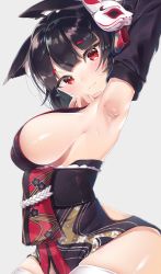 Rule 34 | 1girl, 3:, animal ear fluff, animal ears, arched back, arm up, armpits, azur lane, bad id, bad pixiv id, black hair, black kimono, blush, bob cut, breasts, cat ears, cat girl, cat mask, closed mouth, commentary request, dot nose, eyebrows, eyelashes, from side, grey background, hand up, head tilt, highres, japanese clothes, kimono, large breasts, looking at viewer, mask, mask on head, parted bangs, red eyes, short eyebrows, short hair, sideboob, simple background, sitting, slit pupils, solo, thick eyebrows, thighhighs, underboob, white thighhighs, yamashiro (azur lane), yayoichi (yoruyoru108)