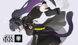 Rule 34 | 1girl, animal ears, arknights, black shorts, cat ears, cat girl, cat tail, finger on trigger, from behind, gun, handgun, headset, holding, holding gun, holding weapon, implied extra ears, jacket, jessica (arknights), jessica the liberated (arknights), karoro, long hair, ponytail, purple hair, shorts, smoke, smoking barrel, solo, tail, weapon, yellow eyes