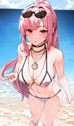 Rule 34 | 1girl, :o, arm at side, beach, bikini, black-framed eyewear, black choker, blue sky, breasts, choker, cleavage, cloud, commentary, day, english commentary, eyewear on head, feet out of frame, groin, halterneck, highres, hololive, hololive english, horizon, jewelry, large breasts, leaning forward, lessone, long hair, looking at viewer, mori calliope, nail polish, navel, necklace, ocean, outdoors, paid reward available, parted lips, pink eyes, pink hair, ponytail, red nails, shore, sidelocks, skindentation, sky, solo, standing, stomach, string bikini, sunglasses, swept bangs, swimsuit, thighs, tinted eyewear, v, virtual youtuber, wet, white bikini