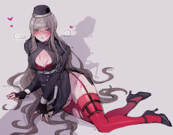 Rule 34 | 1girl, arm support, bdsm, black coat, black footwear, black gloves, bleeding, blood, blush, bra, breasts, breath, cleavage, coat, commentary request, fingerless gloves, full body, garter straps, glasses, gloves, grey background, grey hair, hair spread out, heart, hetero, high heels, injury, large breasts, long hair, long sleeves, looking at viewer, martina electro, masochism, master detective archives: rain code, nose blush, parted lips, partially unbuttoned, pink blood, red bra, red thighhighs, shadow, side slit, silhouette, sweat, thick thighs, thighhighs, thighs, torn clothes, torn thighhighs, underwear, very long hair, whip marks, yomi hellsmile, zutazutako