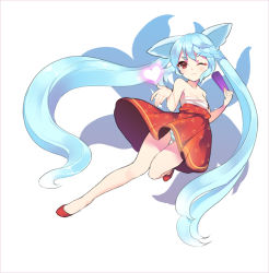 Rule 34 | 1girl, absurdly long hair, animal ears, bare legs, bare shoulders, blush, dakun, dress, eyepatch, fox ears, fox tail, full body, heart, long hair, multiple tails, one eye closed, original, panties, pantyshot, red eyes, sarashi, simple background, solo, striped clothes, striped panties, tail, thigh gap, twintails, underwear, very long hair, white background