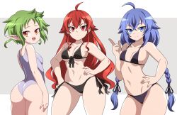 Rule 34 | 3girls, absurdres, abysswatchers, ahoge, ass, bikini, black bikini, black ribbon, blue eyes, blue hair, braid, breasts, commentary, elf, english commentary, eris greyrat, gluteal fold, green hair, groin, hair between eyes, hair ribbon, hand on own hip, highres, light frown, long hair, looking at viewer, looking back, medium breasts, multiple girls, mushoku tensei, one-piece swimsuit, pointing, pointing up, pointy ears, red eyes, red hair, ribbon, roxy migurdia, short eyebrows, short hair, sideboob, simple background, small breasts, smile, stomach, swimsuit, sylphiette (mushoku tensei), thick thighs, thighs, twin braids, very long hair, white one-piece swimsuit