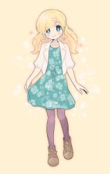Rule 34 | 1girl, blonde hair, blue dress, blue eyes, casual, cordelia glauca, dress, floral print, full body, hair ornament, hairclip, highres, jacket, pantyhose, skirt hold, smile, solo, tantei opera milky holmes, tsunoji, white jacket, yellow background