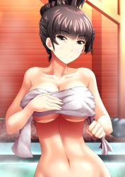 Rule 34 | 10s, 1girl, alternate hair length, alternate hairstyle, bath, bow, closed mouth, collarbone, commentary, covering breasts, covering privates, frown, girls und panzer, hair up, half updo, head tilt, highres, holding, holding towel, large bow, looking at viewer, mature female, miraino tsubasa, naked towel, nishizumi shiho, nude cover, onsen, short hair, solo, standing, steam, towel, upper body