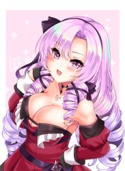 Rule 34 | 1girl, :d, black gloves, black hairband, blush, breasts, cleavage, collarbone, commentary request, detached sleeves, dress, drill hair, gloves, hair between eyes, hairband, half gloves, hand on own hip, highres, hyakumantenbara salome, hyakumantenbara salome (1st costume), juliet sleeves, large breasts, long hair, long sleeves, looking at viewer, miyuki rei, nijisanji, open mouth, parted bangs, pink background, puffy sleeves, purple eyes, purple hair, red dress, red sleeves, smile, solo, sparkle, strapless, strapless dress, two-tone background, very long hair, virtual youtuber, white background