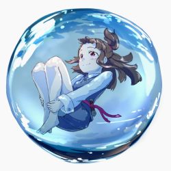 Rule 34 | 10s, 1girl, barefoot, border, brown hair, floating, full body, half updo, highres, kagari atsuko, little witch academia, long hair, ponytail, red eyes, round border, smile, solo, submerged, tei-o, underwater, water, white background