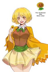 Rule 34 | 1girl, belt, blonde hair, blush, bow, bowtie, breasts, brown shirt, character name, collared shirt, commentary request, cowboy shot, female focus, flower, furrowed brow, green belt, green bow, green bowtie, hand up, highres, holding, holding ornament, humanization, looking at viewer, medium breasts, multicolored clothes, multicolored shirt, nervous, open mouth, ornament, personification, plants vs zombies, shirt, short hair, simple background, skirt, sun, sun ornament, sunflower, sunflower (plants vs zombies), sweatdrop, tagme, teeth, white background, white shirt, white undershirt, yellow eyes, yellow skirt, yellow sleeves