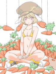 Rule 34 | 1girl, animal ears, bare shoulders, bikini, blonde hair, breasts, rabbit ears, carrot, collarbone, hair between eyes, hat, indian style, jack (wkm74959), looking at viewer, navel, red eyes, ringo (touhou), shoes, simple background, sitting, small breasts, solo, sweat, swimsuit, touhou, white background, yellow bikini, yellow footwear