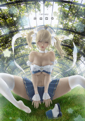 Rule 34 | 1girl, alternate breast size, arms between legs, barbara (genshin impact), bare shoulders, blonde hair, blue eyes, blue skirt, boots, breasts, cleavage, commentary, detached sleeves, english commentary, fishnet sleeves, fishnets, genshin impact, grass, large breasts, miniskirt, navel, outdoors, pleated skirt, rain wzq, revealing clothes, sitting, skirt, thighhighs, twintails, underboob, unworn boots, unworn footwear, white headwear, white thighhighs